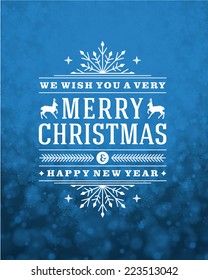 Christmas retro typography and light with snowflakes. Merry Christmas holidays wish greeting card design and vintage ornament decoration. Happy new year message. Vector background Eps 10.