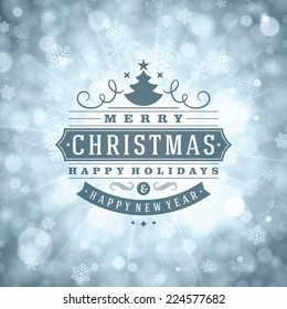 Christmas retro typography and light with snowflakes. Merry Christmas holidays wish greeting card design and vintage ornament decoration. Happy new year message. Vector background Eps 10.