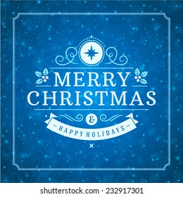 Christmas retro typography and light with snowflakes. Merry Christmas holidays wish greeting card design and vintage ornament decoration. Happy new year message. Vector background Eps 10.