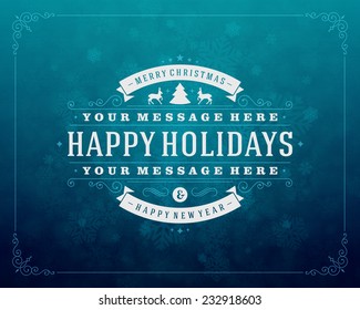 Christmas retro typography and light with snowflakes. Merry Christmas holidays wish greeting card design and vintage ornament decoration. Happy new year message. Vector background Eps 10.