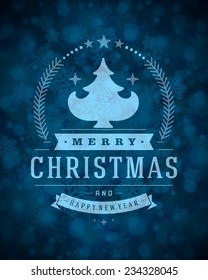 Christmas retro typography and light with snowflakes. Merry Christmas holidays wish greeting card design and vintage ornament decoration. Happy new year message. Vector background Eps 10.