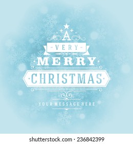 Christmas retro typography and light with snowflakes. Merry Christmas holidays wish greeting card design and vintage ornament decoration. Happy new year message. Vector background