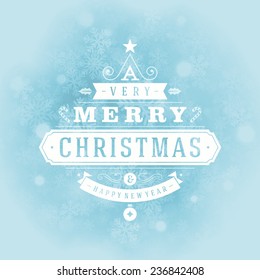 Christmas retro typography and light with snowflakes. Merry Christmas holidays wish greeting card design and vintage ornament decoration. Happy new year message. Vector background