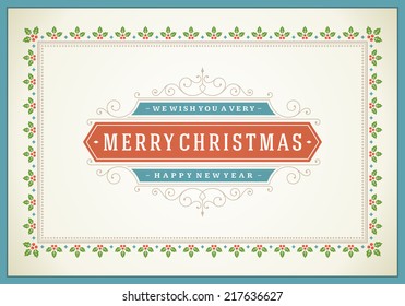 Christmas retro typography and ornament decoration. Merry Christmas holidays wish greeting card and vintage background. Happy new year message. Vector illustration 