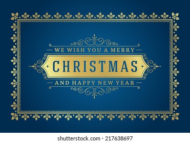 Christmas retro typography and ornament decoration. Merry Christmas holidays wish greeting card and vintage background. Happy new year message. Vector illustration Eps 10.
