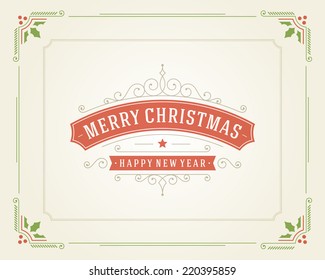 Christmas retro typography and ornament decoration. Merry Christmas holidays wish greeting card design and vintage background. Happy new year message. Vector illustration Eps 10.