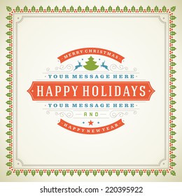 Christmas retro typography and ornament decoration. Merry Christmas holidays wish greeting card design and vintage background. Happy new year message. Vector illustration Eps 10.