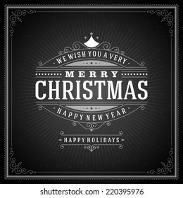 Christmas Retro Typography And Ornament Decoration. Merry Christmas Holidays Wish Greeting Card Design And Vintage Background. Happy New Year Message. Vector Illustration Eps 10.