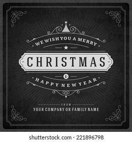 Christmas retro typography and ornament decoration. Merry Christmas holidays wish greeting card design and vintage background. Happy new year message. Vector illustration Eps 10.