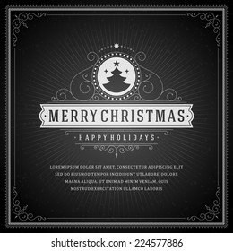 Christmas Retro Typography And Ornament Decoration. Merry Christmas Holidays Wish Greeting Card Design And Vintage Background. Happy New Year Message. Vector Illustration Eps 10.