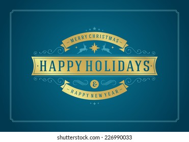 Christmas retro typography and ornament decoration. Merry Christmas holidays wish greeting card design and vintage background. Happy new year message. Vector illustration.