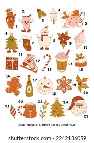 Christmas retro vector Advent calendar. Vintage style elements. Traditional winter symbols, mistletoe, flowers, hand drawn illustrations. Beautiful New Year wall art poster.