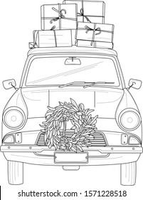 Christmas retro vintage car with presents and wreath sketch. Vector illustration in black and white. Coloring paper, page, book