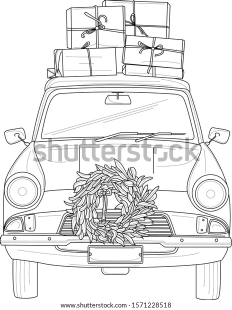 Christmas retro vintage car with presents and wreath\
sketch. Vector illustration in black and white. Coloring paper,\
page, book