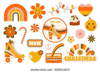 Christmas retro vintage icons in 70s-80s style. Flat hippie vector illustration.