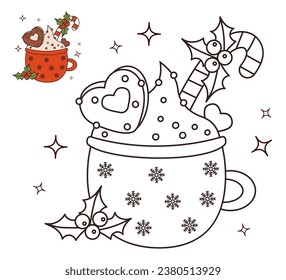 Christmas retro winter cup hot cocoa with gingerbread, holly and striped candy cane. Sweet traditional dessert. Vector linear drawing, coloring book.