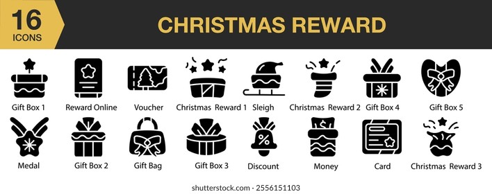 Christmas Reward solid icon set. Includes sleigh, gift box, discount, card, card, money, and More. Solid icons vector collection.