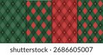 Christmas rhombus seamless pattern. Red and green xmas plaid texture with gold line. Argyle geometric diamond pattern. Christmas abstract design wrapping. Vector illustration isolated on background.