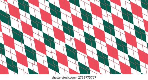 Christmas rhombus seamless pattern. Red and green xmas plaid texture with gold line. Argyle geometric diamond pattern. Christmas abstract wrapping bg. Vector illustration isolated on white background.

