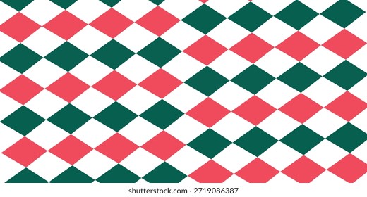 Weihnachtsrhombus nahtloses Muster. Rote und grüne Textur mit goldener Linie. Geometrisches Argyle-Diamantmuster. Weihnachten abstrakte Verpackung BG. Vektorgrafik einzeln auf weißem Hintergrund.