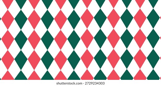 Navidades rombo sin patrón. Textura a cuadros de Navidad roja y verde con línea dorada. Patrón de diamante geométrico de Argyle. Navidades envoltura abstracta bg. Ilustración vectorial aislada sobre fondo blanco.