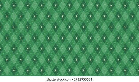 Weihnachtsrhombus nahtloses Muster. Weihnachten karierte Textur mit goldener Linie und Sternen. Abstraktes Muster für geometrische Diamanten mit grünem Stil. Weihnachtsverpackung. Vektorgrafik.