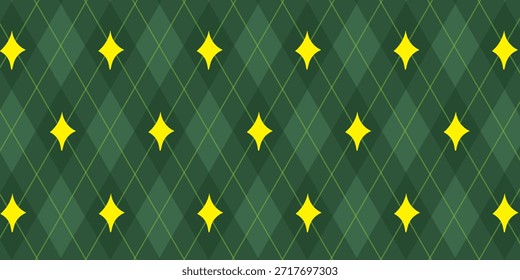 Christmas rhombus seamless pattern. Xmas plaid texture with gold line and stars. Green argyle geometric diamond abstract pattern. Christmas wrapping. Vector illustration isolated on green.EPS10