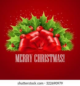 Christmas ribbon bow decoration with holly. Vector illustration EPS 10