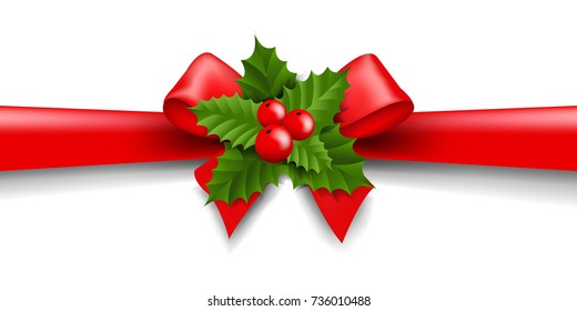 Christmas Ribbon Bow With Holly Berry Gradient Mesh Vector Illustration