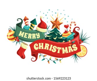 Christmas Ribbon Bow With Pine Fir-Tree Gold Star Hat Sock Gift Box Candy Cane Firework Electro Shining Garland Isolated On White Background