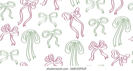 Christmas ribbon bow seamless pattern. coquette Xmas design for wrapping paper, wallpaper, background.