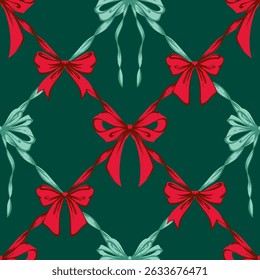 Christmas Ribbon Bows Lattice Seamless Pattern. Coquette Vintage and Christmas checkered pattern with green, red bows. Retro background for feminine project, wrapping paper, textile, seasonal design