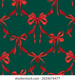 Natal Fita Arcos Padrão Sem Costura Reticulado. Coquette Vintage e Natal padrão xadrez com arcos verdes, vermelhos. Fundo retro para projeto feminino, papel de embrulho, têxtil, design sazonal