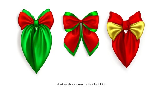 Christmas ribbon bows set isolated on white background. Vector realistic illustration of red, green, golden textile accessory, decoration for holiday gift box, vintage X-mas card design element