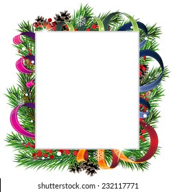 Christmas ribbon and fir tree branches on white background
