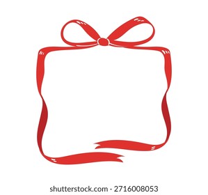 Ilustração de vetor de quadro de fita de Natal com arco vermelho e borda retangular. Design de férias festivas para cartão de saudação, convite, etiqueta e banner.