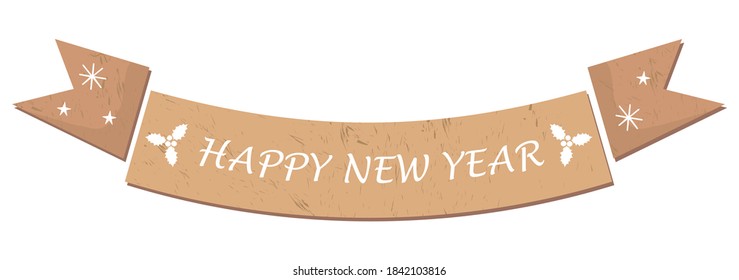 Christmas ribbon with the inscription Happy New Year and snowflakes in natural brown colors. Vector, white background, isolated.
