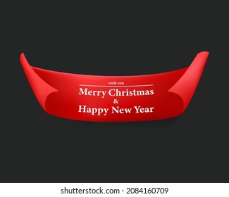 Christmas ribbon, red Christmas banner, Happy New Year vector tag, Merry Christmas isolated labels.
