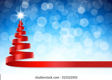 A christmas ribbon shaped like a a Christmas Tree with a shiny light effect on its "Top" and a blue defocused background.