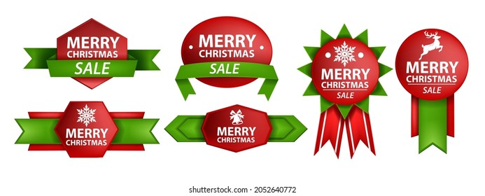 Christmas ribbon vector sale banner set, holiday x-mas label design kit, classic bonus sticker. Paper greeting offer badge, vintage winter celebration promo collection. Christmas gift ribbon template