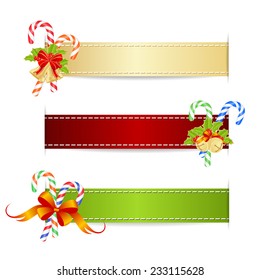 Christmas ribbons with christmas decorations. Vector illustration.