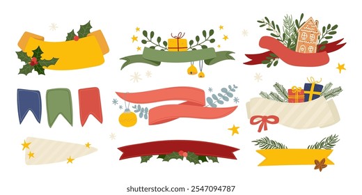 Christmas ribbons, flags empty blank banners design with festive gifts, holiday decorations set. Silk tapes wrapped around gift box, sweet gingerbread cookies and holly mistletoe vector illustration