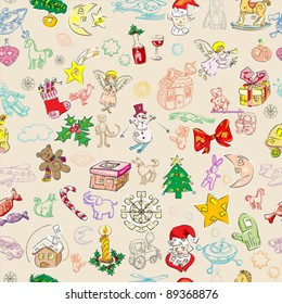 christmas rich pattern with toys and season greetings icons, childlike drawn wallpaper