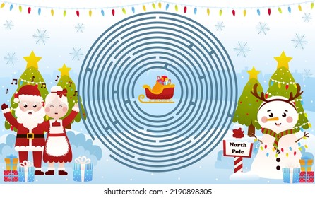 Christmas riddle for kids with mrs ans mrs claus are singing christmas carols with cute snowman, circle maze game, printable worksheet for children in cartoon style, logical quest