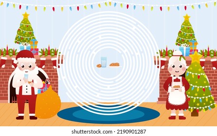 Christmas riddle for kids with mrs ans mrs claus cooking christmas food, circle maze game, printable worksheet for children in cartoon style, logical quest