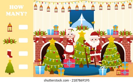 Christmas riddle for kids with santa claus and mrs claus decorating tree, printable worksheet for children in cartoon style, how many game