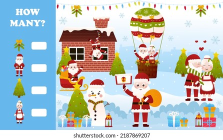 Christmas riddle for kids with santa claus, mrs claus and snowman, printable worksheet for children in cartoon style, how many game