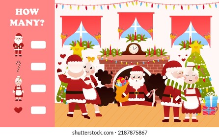 Christmas riddle for kids with santa claus and mrs claus dancing and kissing , printable worksheet for children in cartoon style, how many game