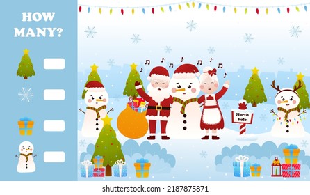 Christmas riddle for kids with santa claus and mrs claus singing carols with snowman, printable worksheet for children in cartoon style, how many game