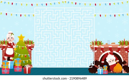 Christmas riddle for kids with santa claus comes out from fireplace, Mrs Claus decorates Christmas tree, labyrinth maze game, printable worksheet for children in cartoon style, logical quest